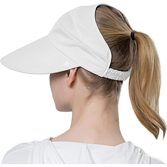 Muryobao Womens Baseball Sun Hat Outdoor Wide Brim UV Protection Foldable Ponytail Mesh Summer Visor Cap with Removable Neck Face Flap for Garden Beach Travel White