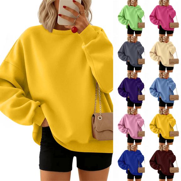 Crew Neck Sweatshirts Women Fall Oversized Crewneck Sweatshirt Rib Cuff Sleeve Vintage Fleece Pullover Loose Fit Cute Y2K 2026 Yellow L