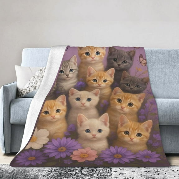 Adorable Kitten Blanket Cute Cat and Butterfly on Lavender Throw Blankets Gifts for Girls Women Adults Lightweight Soft Fleece Cozy for Sofa Couch Bed Room Travel Birthday Decor 50x40