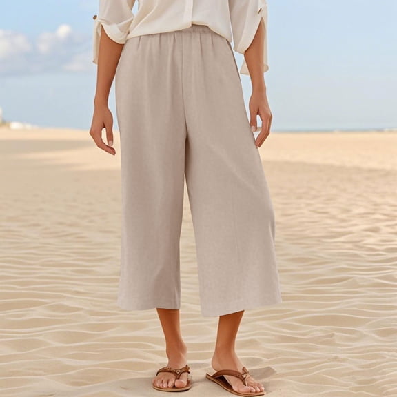 huaimei Cotton Linen Women's Capris Pants Cozy Wide Legs Cropped Pant Summer Casual Stretchy Capris Solid Color Workout Beach Loose Fit Capri Trousers with Pockets