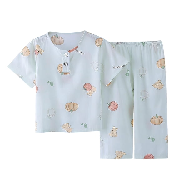 Lopeceal Girls 2 Piece Homewear Outfit Printed Button Down Crew Neck Short Sleeve and Long pajama pants Soft Comfortable 6M-12Y