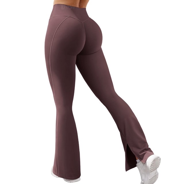 Leggins VOYJOY para mujer, dobladillo dividido, cintura alta, acampanados, color marrón ciruela