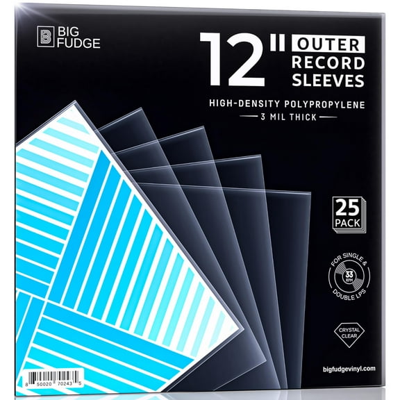 Big Fudge 12" Vinyl Record Outer Sleeves, 25-Pack, Crystal Clear 3 Mil Polypropylene, Wrinkle-Free Protection