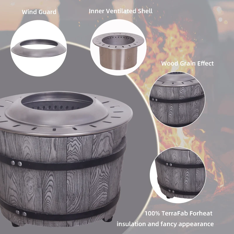 Afterglow Smokeless Fire Pit, 20.5" Round Wood Burning Stainless Steel Top and TerraFab Material Base,Firepit with Weather Cover Perfect for Outdoor Patio Garden, Wood Grain Gray