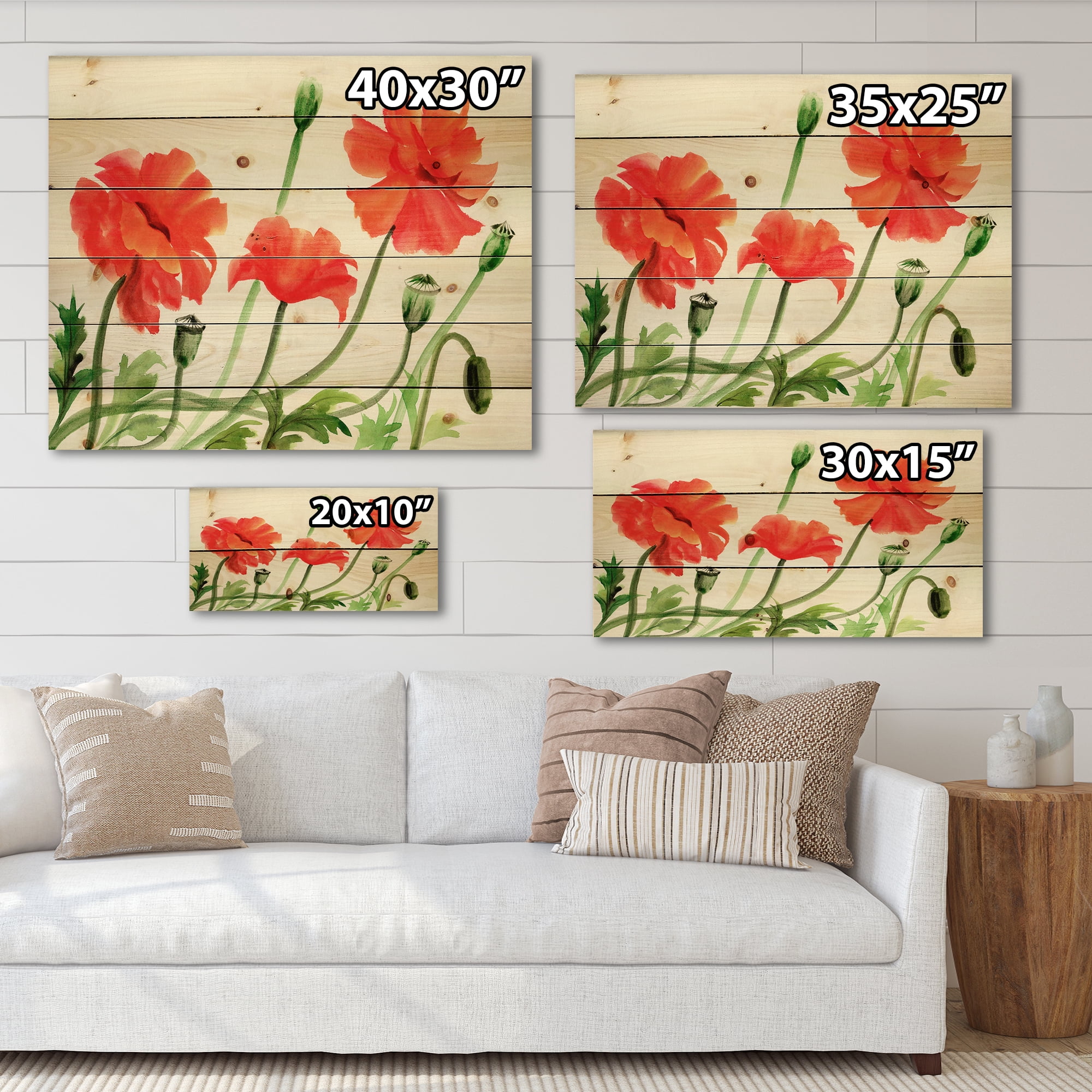 Designart 'Ancient Red Poppies III' Traditional Print on Natural Pine Wood
