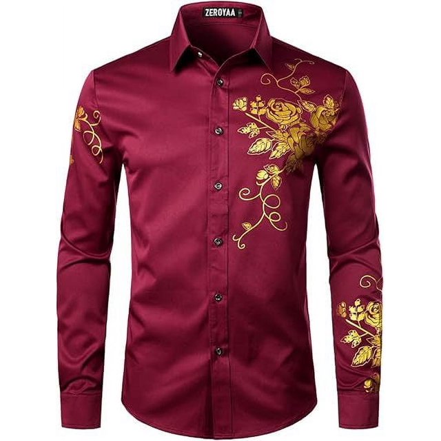 Featured - Men's Fashion Rose Floral Print Slim Fit Long Sleeve Button Party Formal Shirt