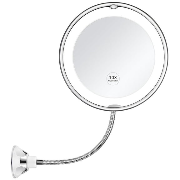 Flexible Gooseneck LED Lighted 10X 8" Magnifying Makeup Mirror, Power Locking Suction Cup, 360 Degree Swivel, Portable Cordless Travel and Home Bathroom Vanity Mirror