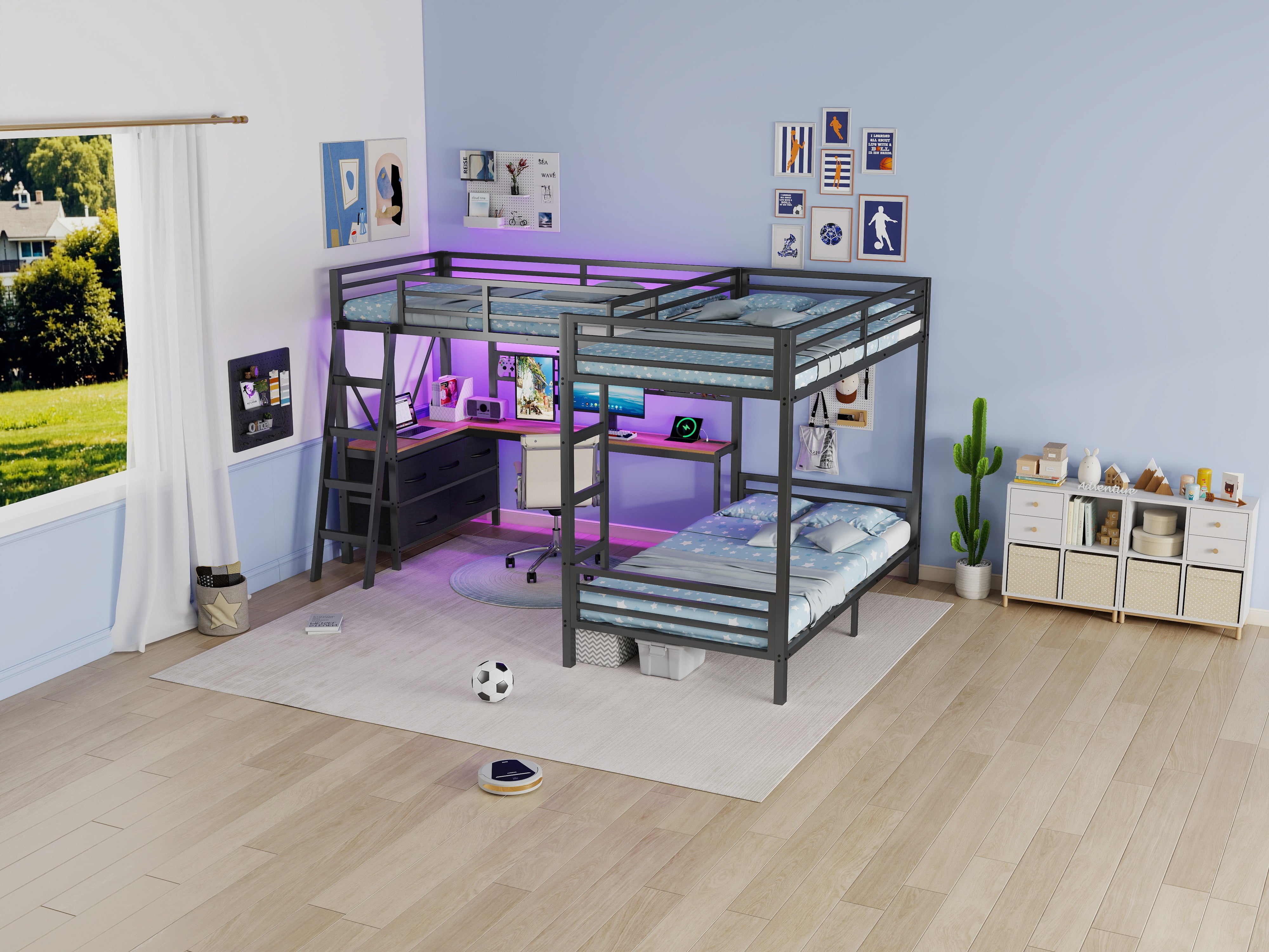 HOQBN L-Shaped Triple Bunk Bed with L-Shaped Desk and 5 Lagre Drawer,Twin Over Twin Over Twin Bunk Bed Frame with Charging Station,LED Lights,DIY Grid and Ladder,Black