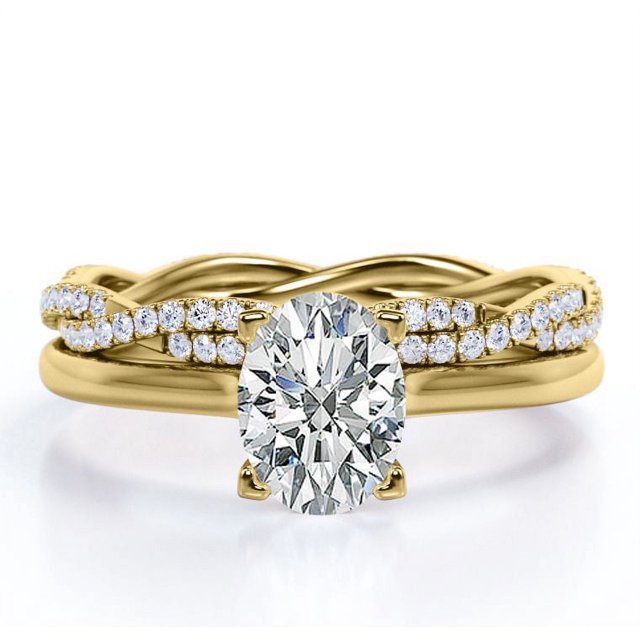 JeenMata Juego de 4 Puntas - Forma Ovalada de 1,75 Quilates - Juego de Boda con Caña Retorcida Pavé - Baño de Oro Amarillo de 18 K sobre Plata (Personaliza la Banda de Tu Anillo de Bodas)