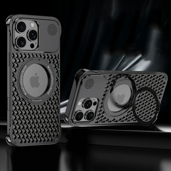 Heat Dissipation for iPhone 16 Pro Max Case with Magnetic Stand [Compatible with Mag-Safe] [Built-in Kickstand & Ring Holder] Cooling Hollow Metal Protection Cover for iPhone 16 Pro Max, Black
