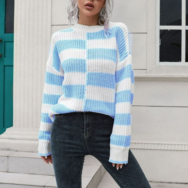 Womens Sweaters Clearance Women's Clothing Design Striped Sweater Women's  Loose Autumn And Winter Long-Sleeved European And American Knitted Sweaters  New Light Blue S JE 