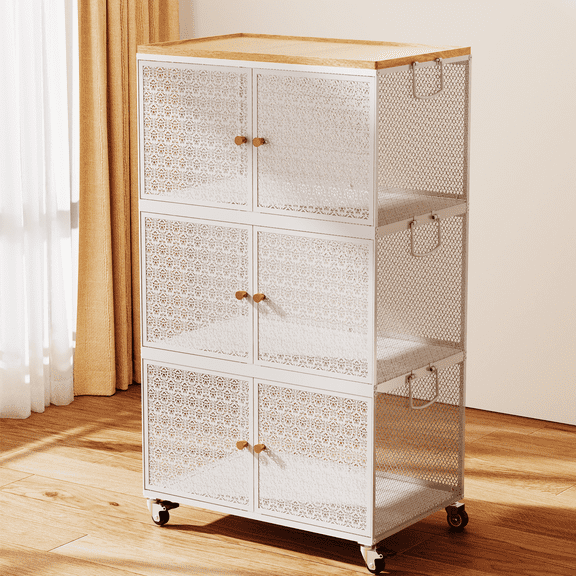 APONWILL 3-Tier Metal Storage Cabinet with Wheels, Magnetic-Closing Doors, and Dividers Effortless and Convenient for Living Rooms, Bedrooms, and Garages,21.65in Length.