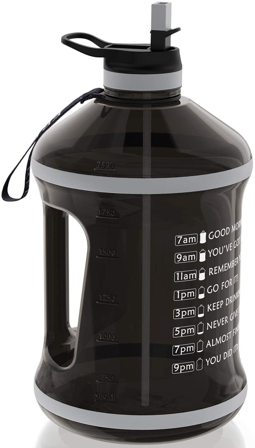 Gym Workout and Camping-1Gallon Black BPA Free Water Bottle with Time Marker Reusable Leaf-Proof Water Jug for Outdoor Sports Gallon Water Bottle with Straw Lid Handle and Carry Strap 