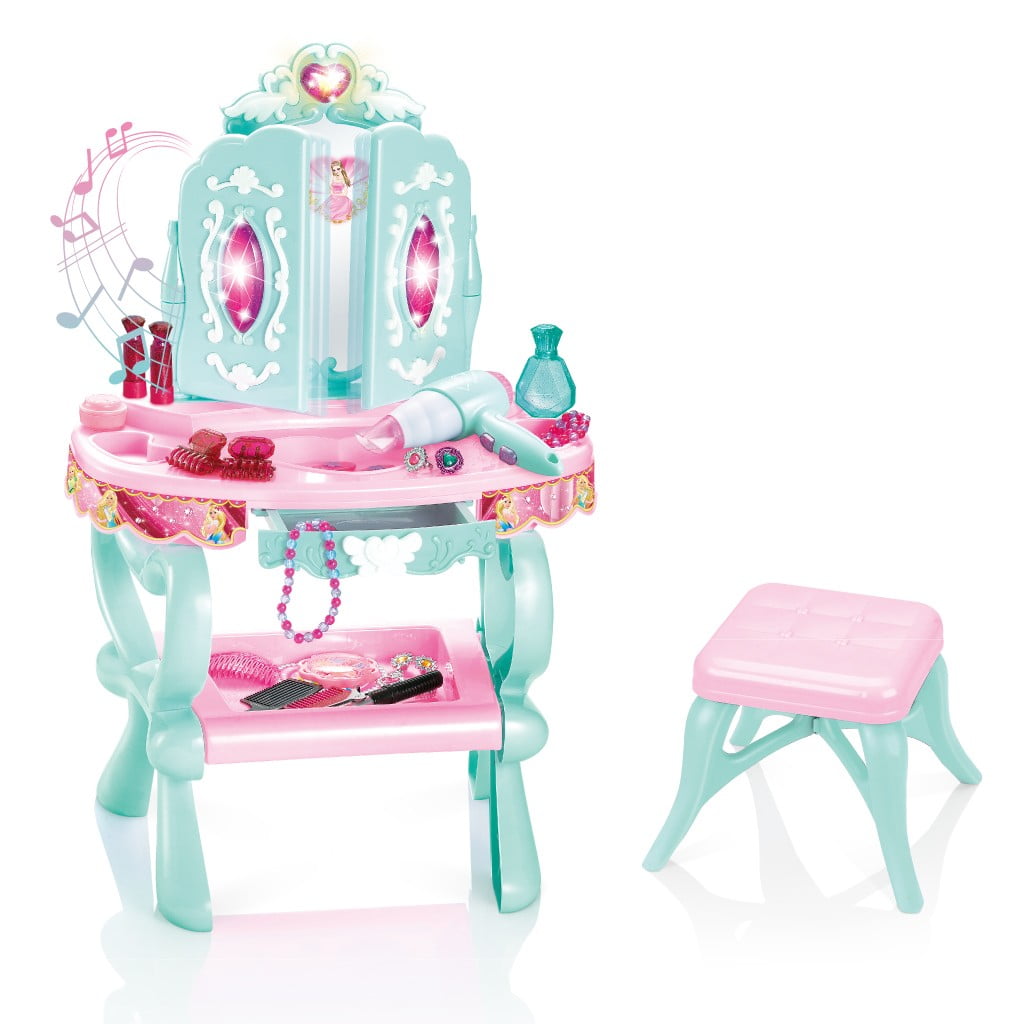 Bouanq Child Pretend Play Kids Vanity Table And Chair Beauty Mirror And Accesories Play Set With Fashion Makeup Accessories For Girls Walmartcom Walmartcom