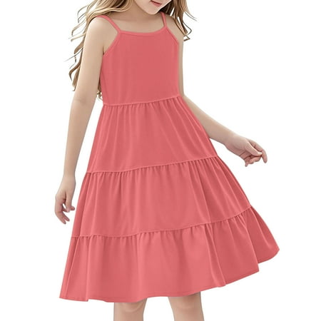 ZACPNCV Girls Dresses Summer Spaghetti Strap Flowy Dress Teens Casual Ruched Smocked A Line Sundress Kids Clothes Pink 9-10 Years