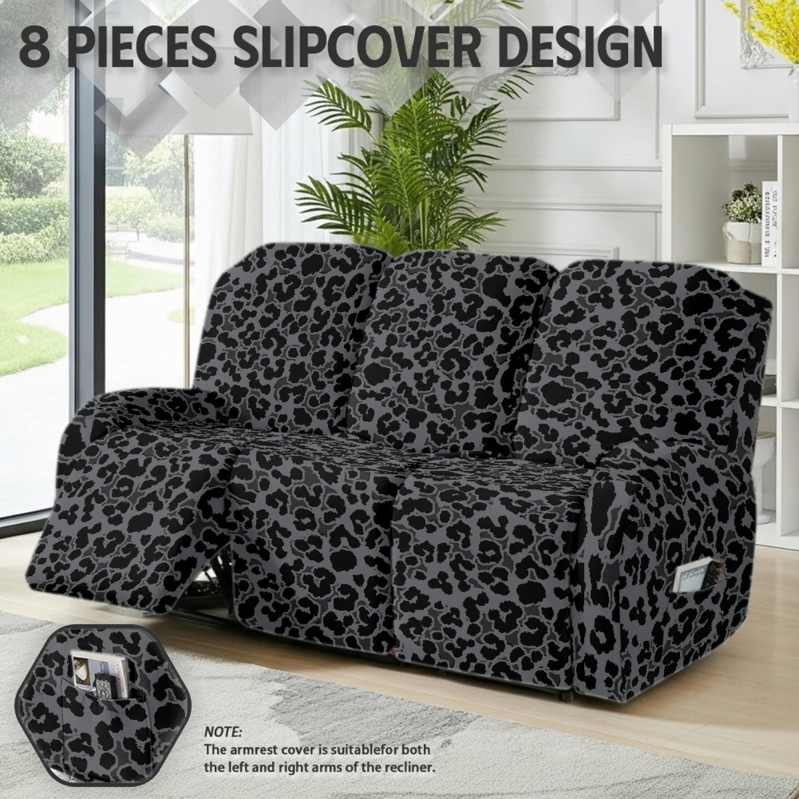 COEQINE Black Leopard Print Recliner Couch Cover Breathable 3 Seater Reclining Chair Slipcover 8 Pieces Non-Slip Recliner Sofa Cover with Pocket and Elastic Bottom for Dogs, Kids