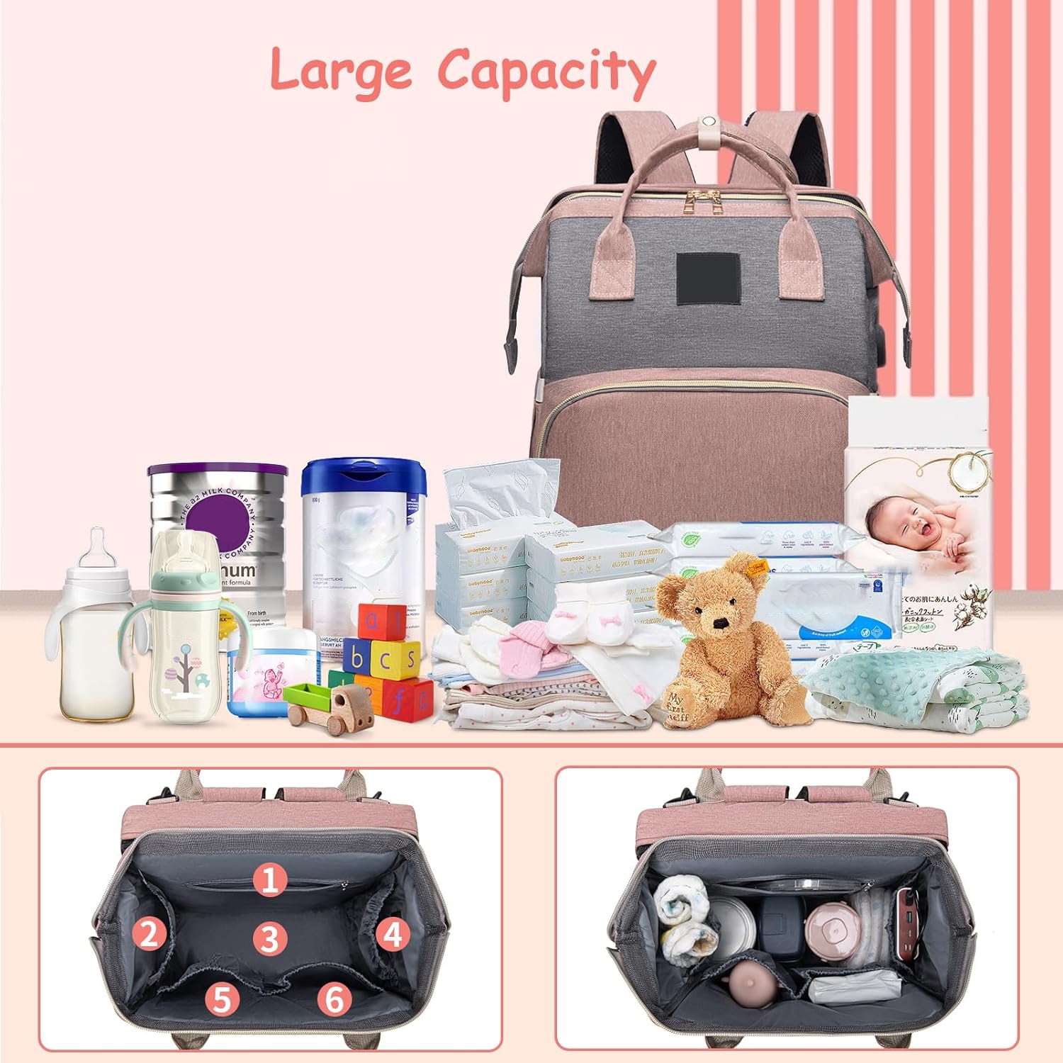 Diaper Bag Backpack，Baby Diaper Bags, Baby Shower Gifts, Multifunctional diaper backpack Large Capacity, (Pink)