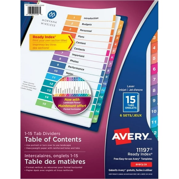 AVERY Ready Index Table of Content Dividers for Laser and Inkjet Printers, 15 tabs, Multi-Colour, 6 Sets, (11197)