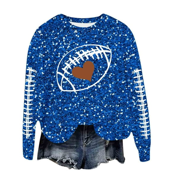 Fshinging Women's Football Sweatshirt Game Day Glitter Sequin Print Long Sleeve Crew Neck Sunday Graphic Pullover Y2K Rugby Clothes