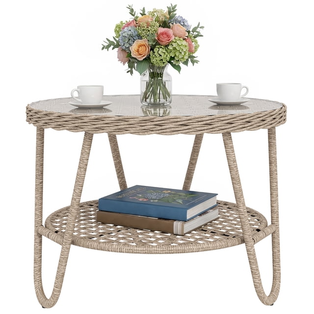 Outsunny Rattan Outdoor Coffee Table w/Storage Shelf, Tempered Glass Top
