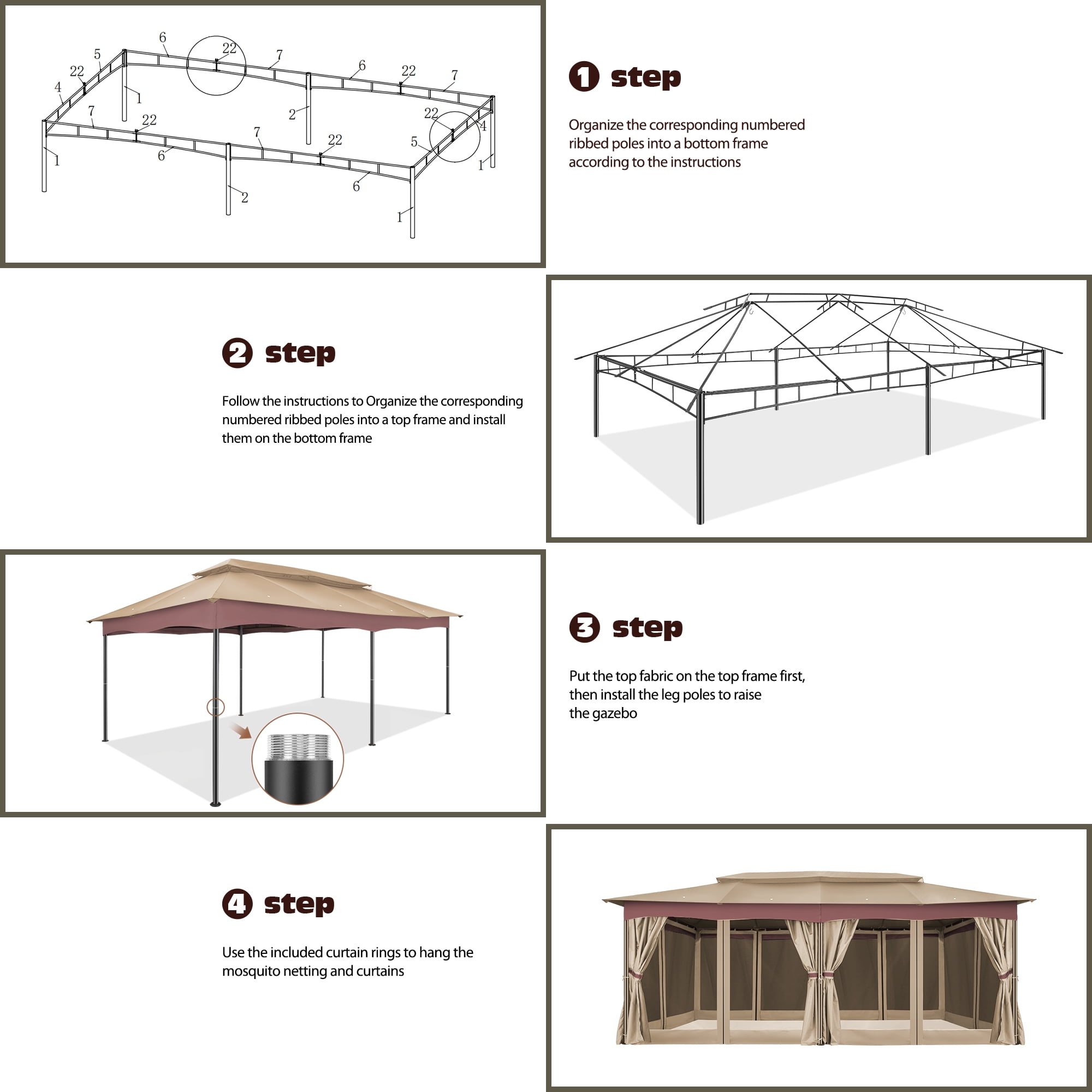 SANOPY 12x20ft Heavy Duty Gazebo with Metal Steel Frame Sturdy Tent with Privacy Curtain and Mosquito Netting Outdoor Gazebo for Garden, Lawn, Backyard, Garage,Khaki