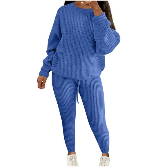 YUGYXL Women's Knitted Outfits 2 Pieces Sweatsuit Crewneck Long Sleeve Pullover Sweater Top and Drawstring Legging Yoga Pants Set Blue XXXXXL