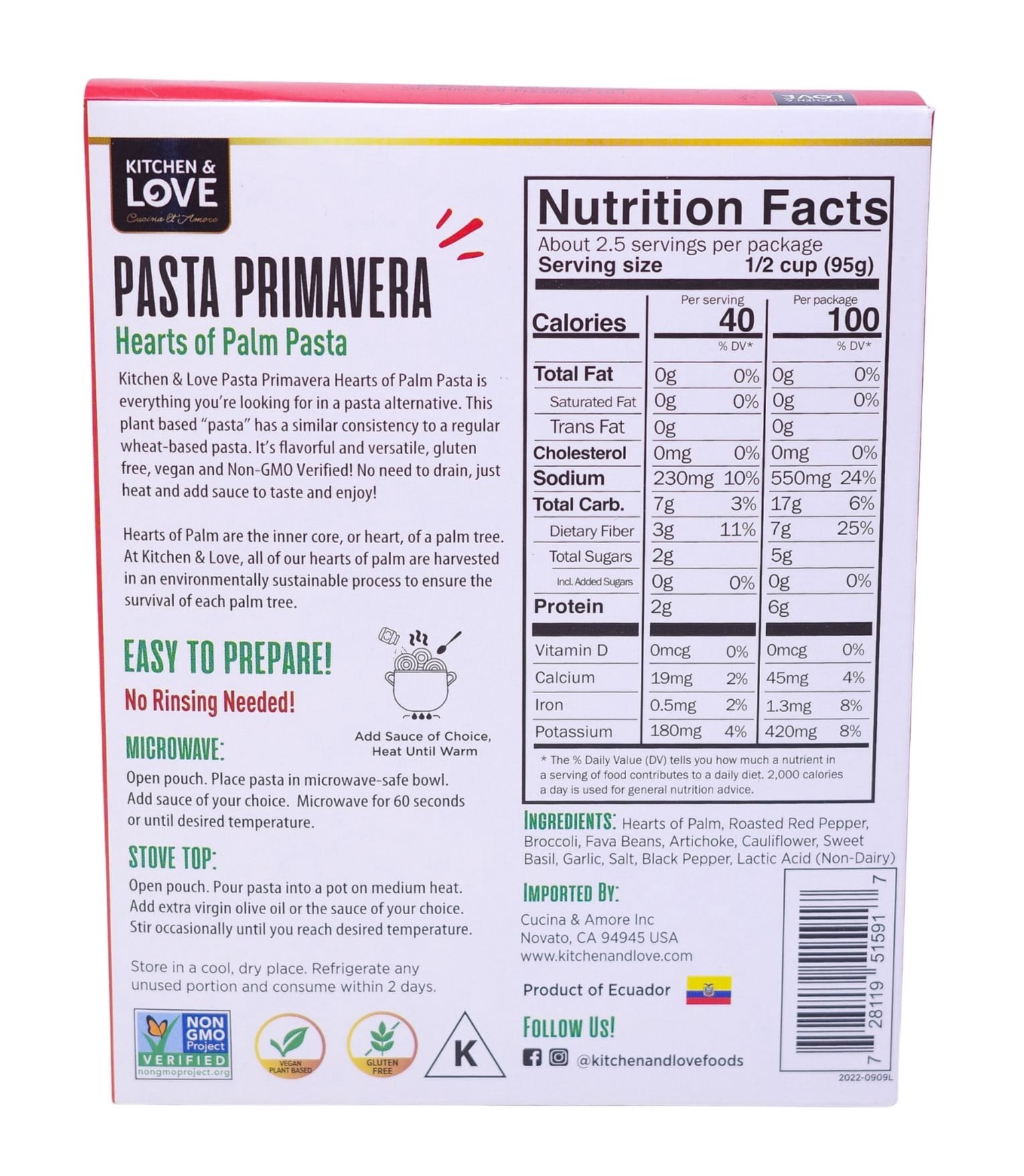 (3 pack) Kitchen & Love - Hearts of Palm Pasta Primavera , 8oz Plant Based, Non GMO, Gluten Free Pasta Alternative, Vegan, Easy to Prepare, Quick