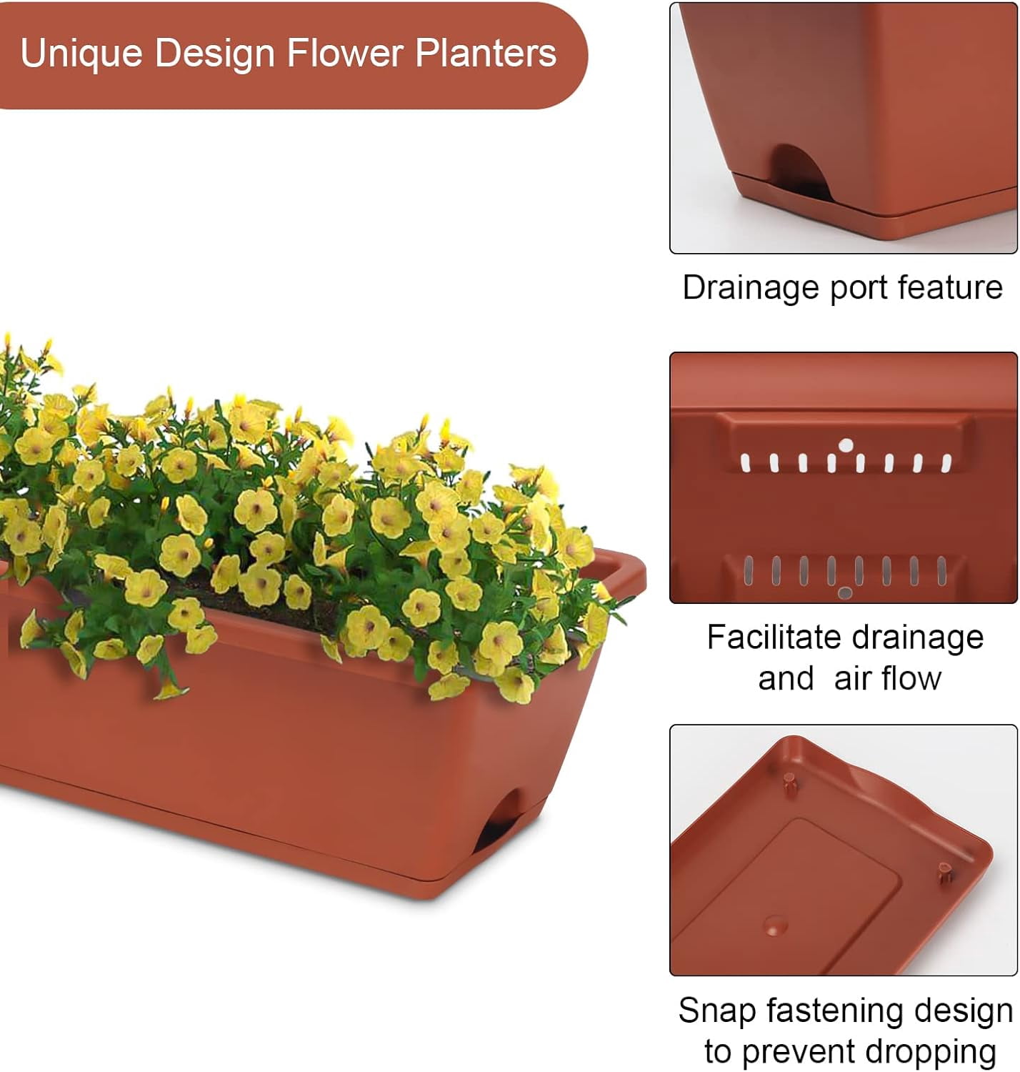 Window Box Planter, 6 Pack 17inch Plastic Vegetable Flower Planter Boxes with Tray, Indoor Outdoor Flower Pots for Windowsill, Patio, Porch, Garden Balcony, Brick Red