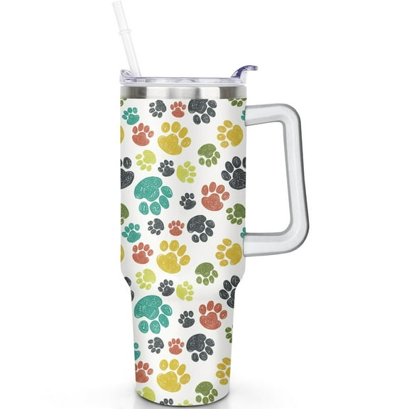 1pc Paw prints 40oz Tumbler with Straw & Handle - Insulated Stainless Steel Cup | Holiday Gift for Man Women (Christmas, Valentine's, Birthday)