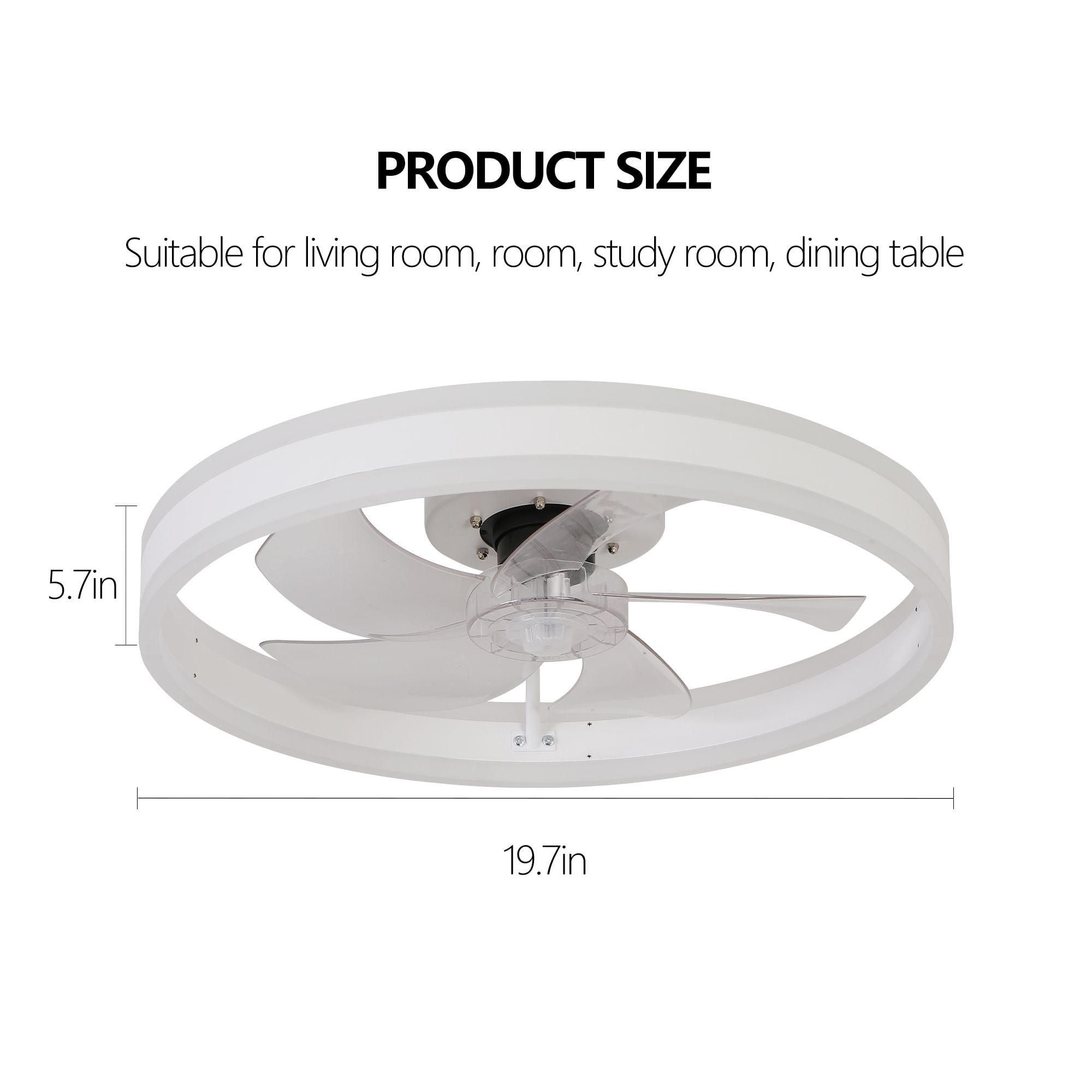 Aukfa 20" Bladeless Ceiling Fan with Light and Remote, Flush Mount Enclosed Design, Dimmable 3 LED Light Colors, White