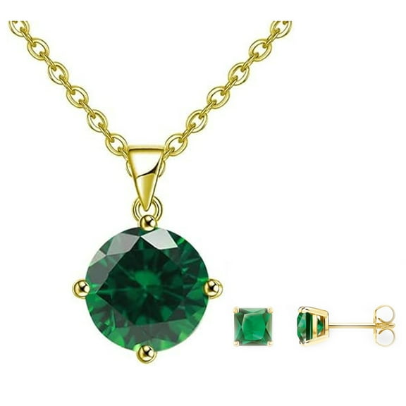 Paris Jewelry 18K Yellow Gold 4ct Emerald Round Necklace & Square Earrings Plated