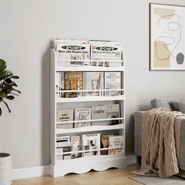 Homfa 4-Tier Kids Bookshelf, 46.5''H White Book Shelf, 4 Wall Mounted Book Storage Rack for Kids Room Bedroom
