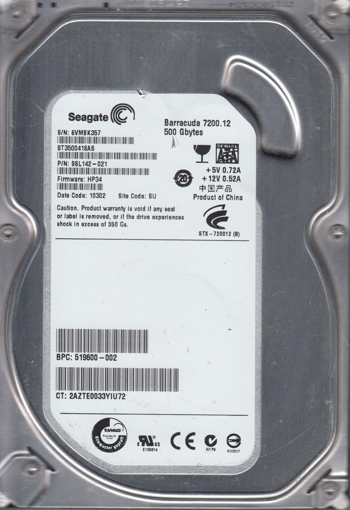 ST3500418AS, 6VM, SU, PN 9SL142-021, FW HP34, Seagate 500GB SATA 3.5 Hard Drive