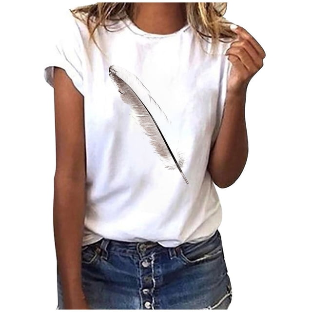 LSLJS T-Shirts pour Femmes Mode Femmes T-Shirt à Manches Courtes Imprimé Plume Haut Décontracté Tee Blouse