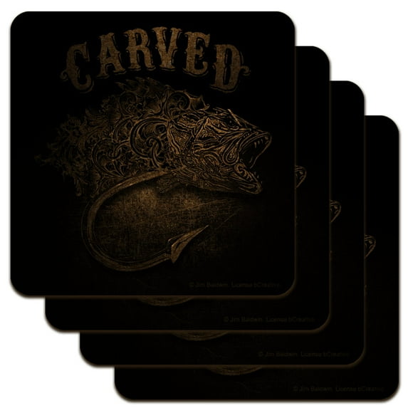 Carved Bass Fish Fishing Hook Low Profile Novelty Cork Coaster Set