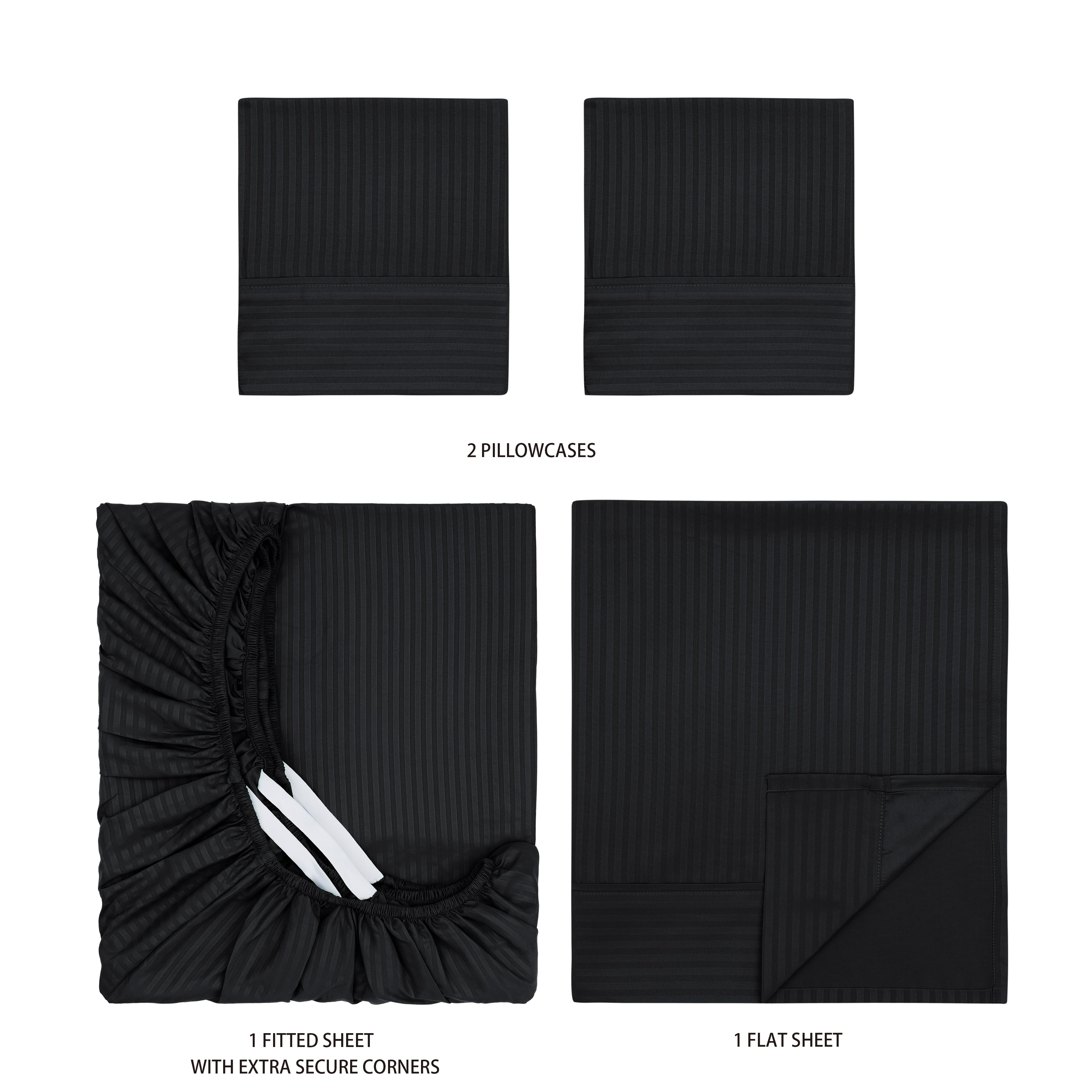 Mainstays Super Soft Brushed Microfiber Bed Sheet Set, Rich Black Embossed Stripe, King, 4 Piece