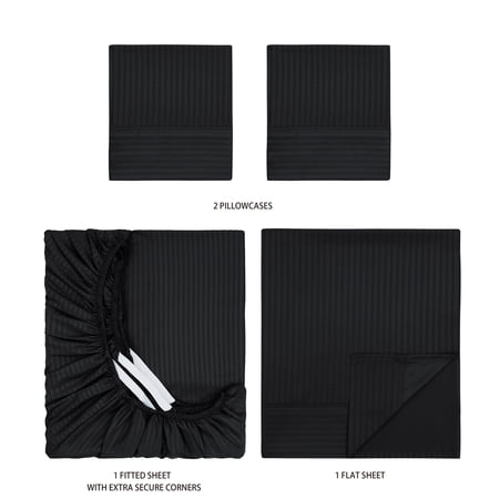 MAINSTAYS SUPER SOFT BRUSHED MICROFIBER BED SHEET SET, RICH BLACK EMBOSSED STRIPE, FULL, 4 PIECE