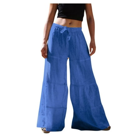 

Fashion Women Loose Solid Color Casual Wide Leg Pants Cotton Linen Trousers Full Length Pants maternity pants