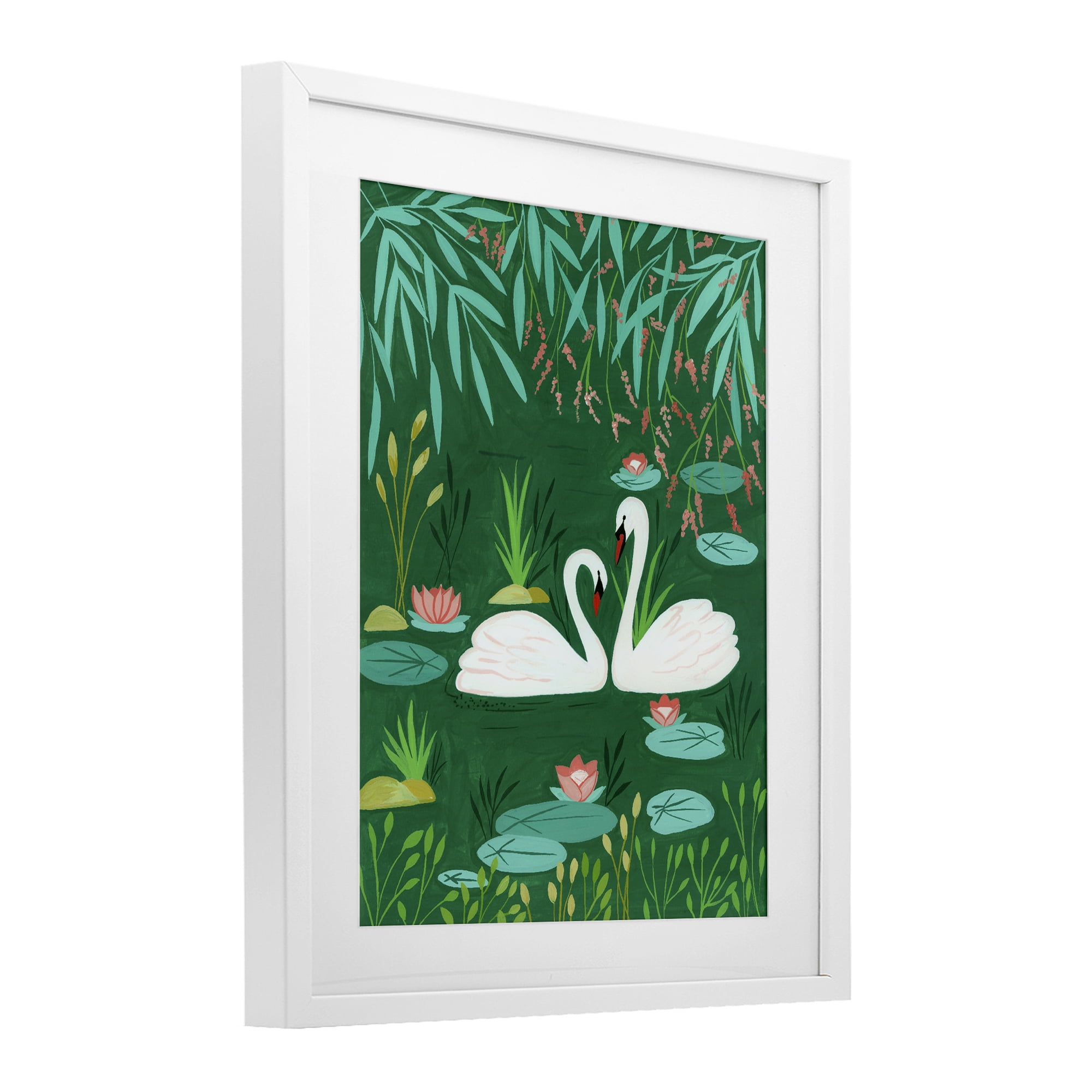 Swan Pair on Green Pond White Framed Print Under Glass, design by Nabeela Rumi