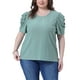 thumbnail image 1 of Blusa casual de mujer talla grande GRACE & GRANDEUR con bordado de ojales y mangas abullonadas, cuello redondo, 1X, verde, 1 of 1