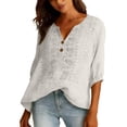thumbnail image 5 of dgysar Womens Linen Button Blouse, 3/4 Sleeve V-Neck Casual Solid Color Lightweight Breathable Shirt Tops, Textured Natural Fabric Relaxed Fit Summer Apparel White S, 5 of 6