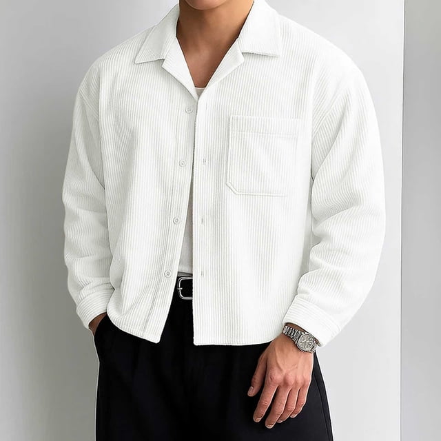 Ceisia Men's Relaxed Ribbed Cotton Shirt | Long-Sleeve Solid Turndown Collar Casual Top with Pocket Gift