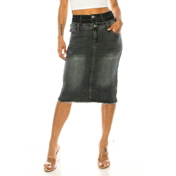 Be-Girl Women's Stretch Denim Midi Skirt, Raw Hem, Double Button Waistband,Knee Length-79217-BS