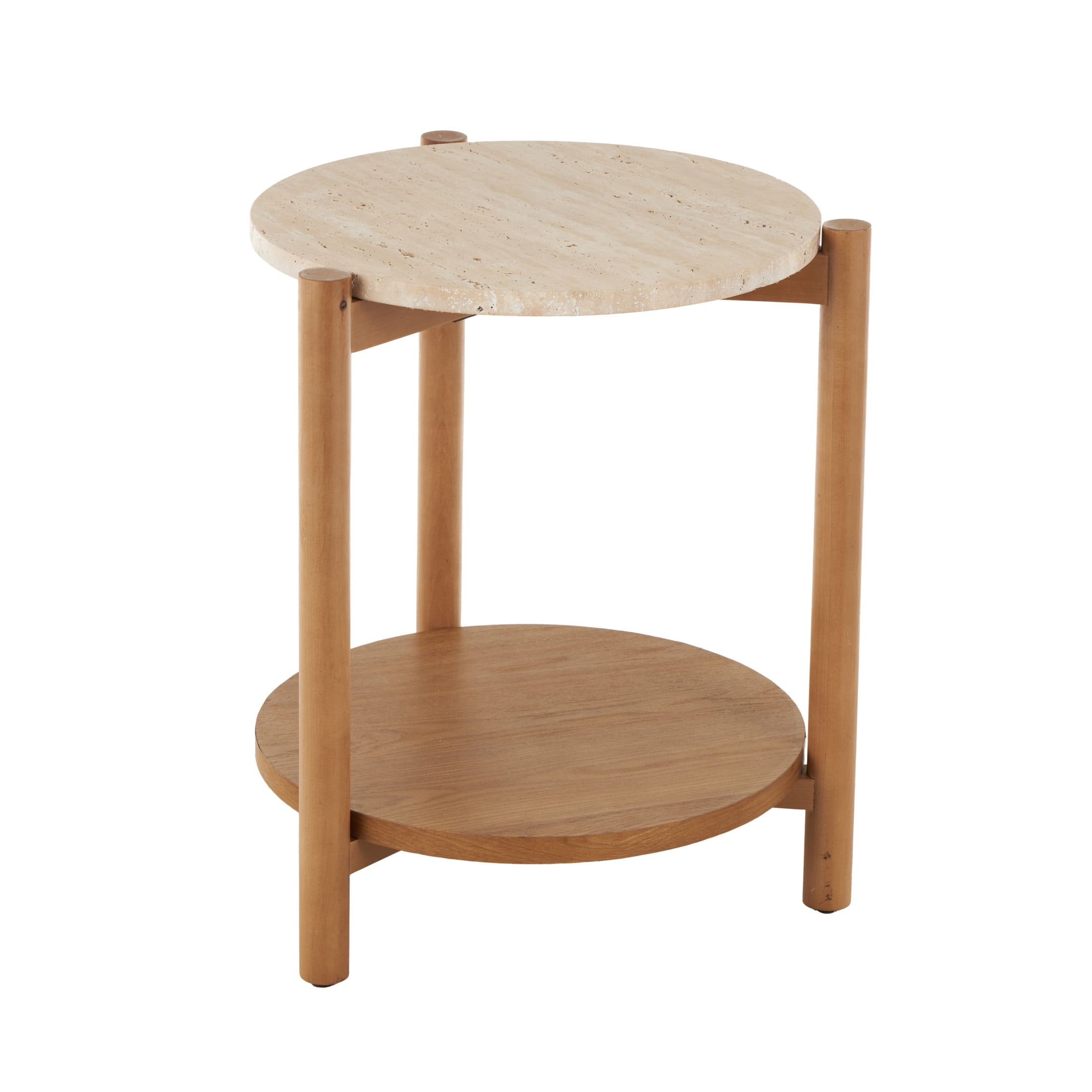 DecMode 16" x 20" Brown Wood Handmade Round Accent Table with Beige Round Marble Top, 1-Piece