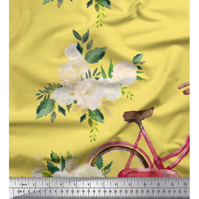 Soimoi Yellow Cotton Duck Fabric Roses & Bicycle Transport Decor Fabric Printed Yard 56 Inch Wide