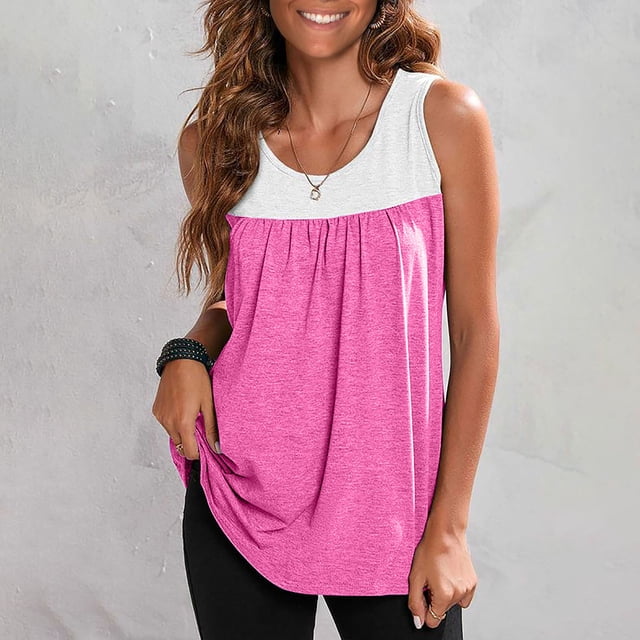 SMihono Womens Tops Womens Tank Top Womens Rund Neck Blouses Summer Causal Color Matching Print Sleeveless Tops Shirts Tank Tops for Women Womens Summer Tops