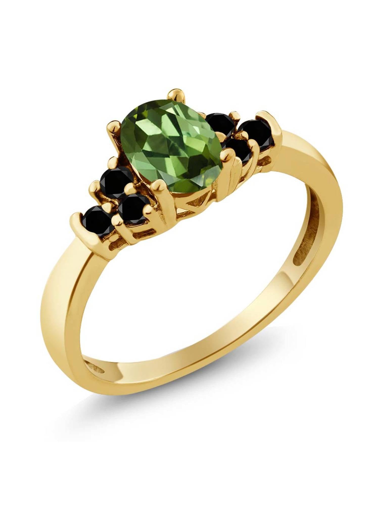 0.76 Ct Oval Green Tourmaline Black Diamond 18K Yellow Gold Plated Silver Ring by