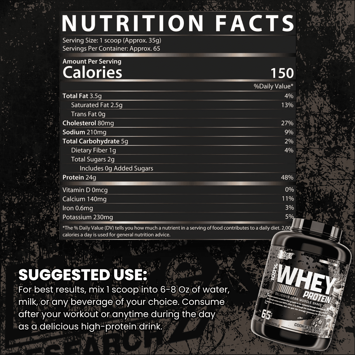 Nutrex Research Cookies & Cream 100% Premium Whey Protein Powder – 24g Protein per Scoop with EAAs & BCAAs for Muscle Recovery & Strength, 5 lb 64 Servings