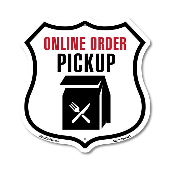 Online Order Pickup 12 inch X 12 inch Shield-Shaped Rust-Free Aluminum Metal Sign Weather Resistant Made in the USA
