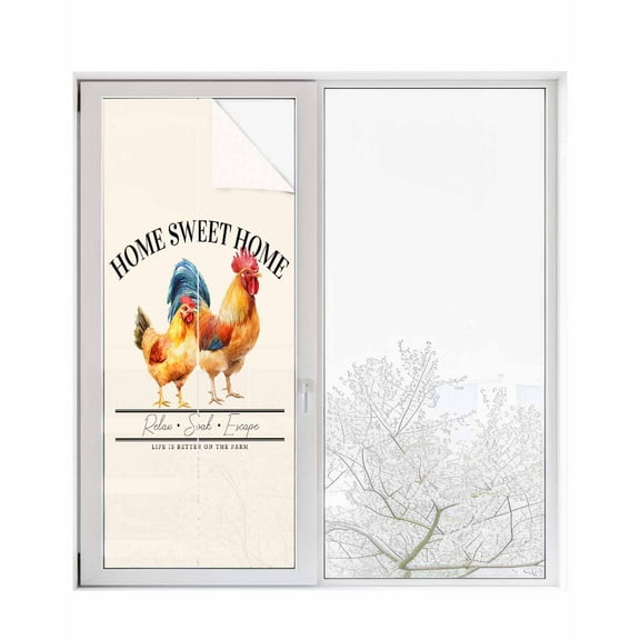 Window Privacy Film Farmhouse Rooster Stained Glass Window Film Decorative Sun Block Window Cover Watercolor Cute Animals Retro Art Window Clings Static Adhesive Sticker for Bathroom 23.6"x59"